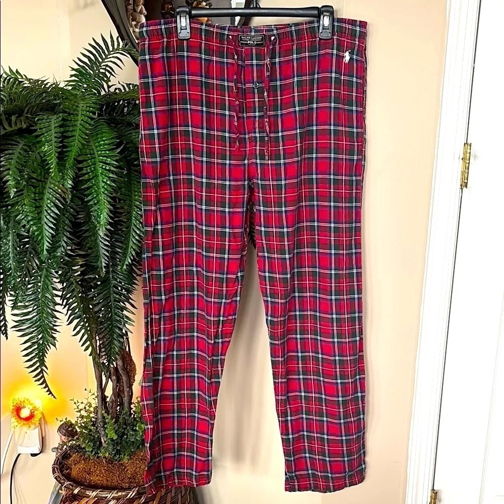 Polo Ralph Lauren Red Plaid 100% Cotton Pajama Sleep Pants Stretch Waist Pony